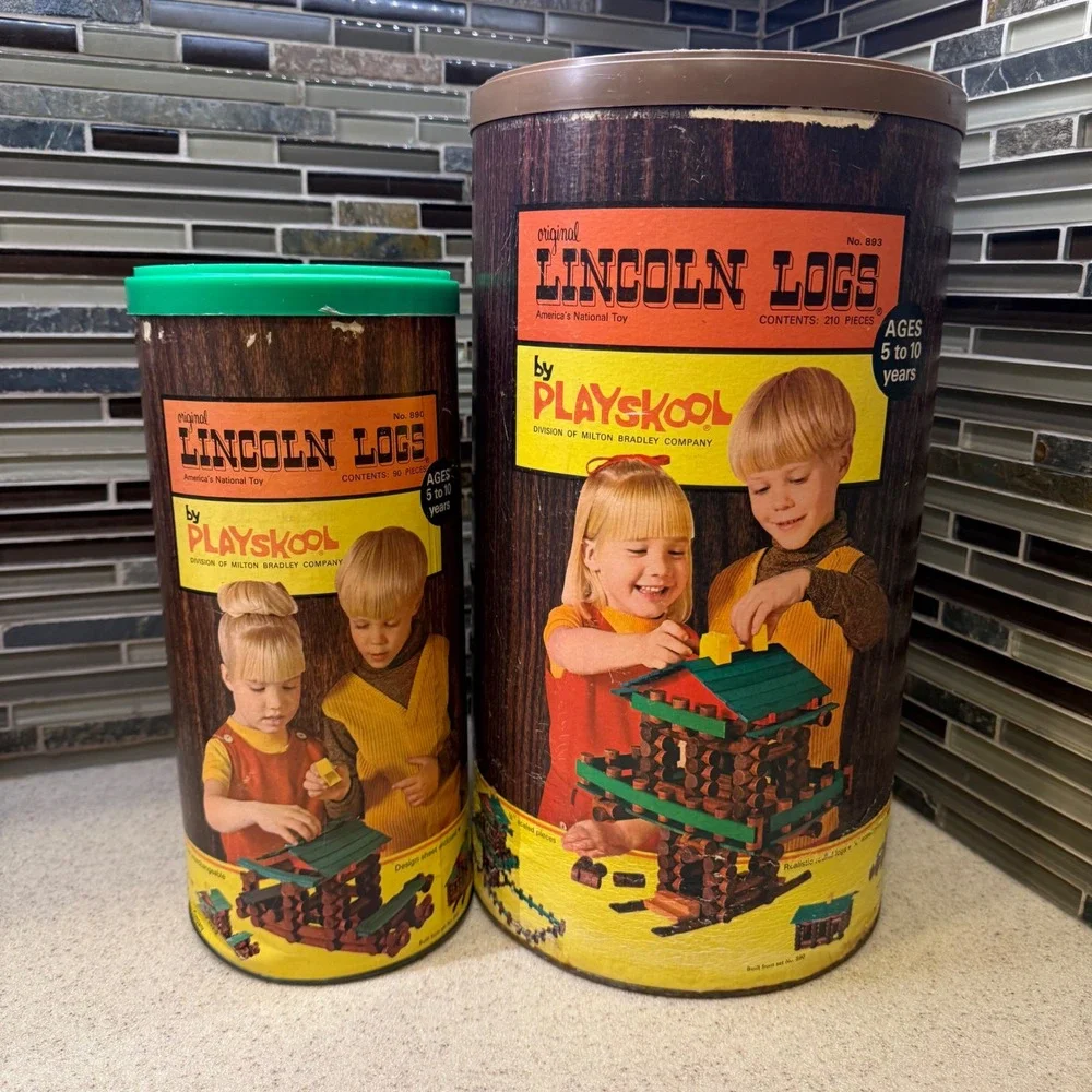VTG Playskool Lincoln Logs Wood Building Sets No #890 & #893 w/ Canisters 300pc